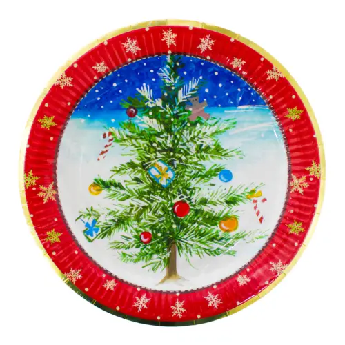 Paquete de 8 platos desechables estampado arbol navideño de 22.5×22.5×1.8cm
