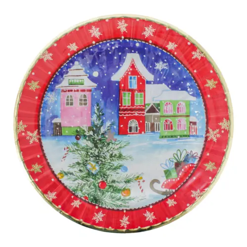 Paquete de 8 platos desechables estampado villas navideñas de 26.5×26.5×2.4cm