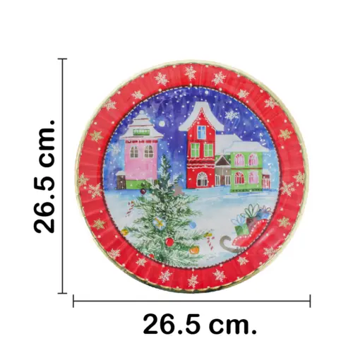 Paquete de 8 platos desechables estampado villas navideñas de 26.5×26.5×2.4cm