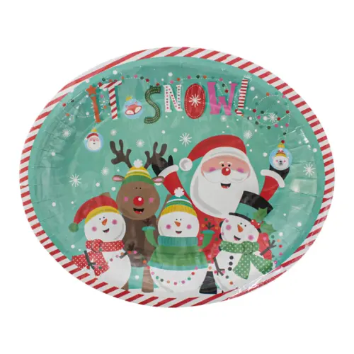 Paquete de 8 platos ovalados desechables estampado muñecos de nieve y santa de 26.5×32.3×2.5cm