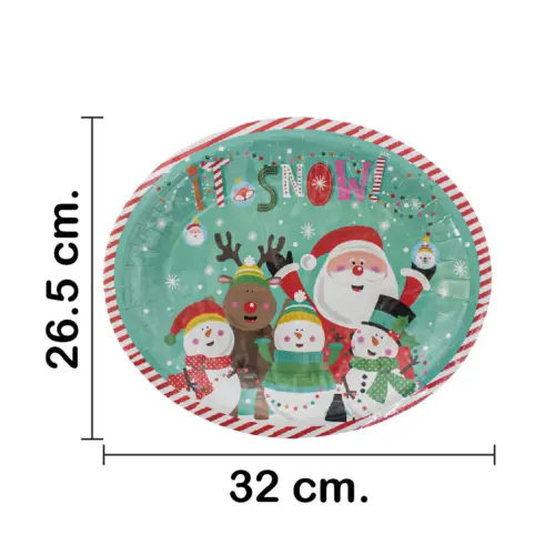 Paquete de 8 platos ovalados desechables estampado muñecos de nieve y santa de 26.5×32.3×2.5cm