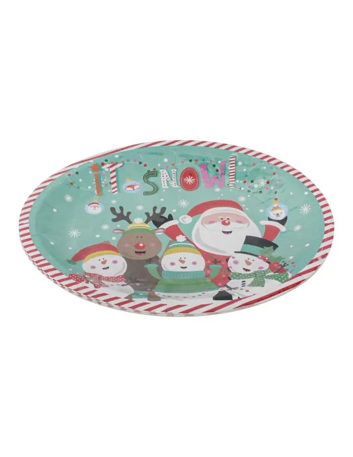 Paquete de 8 platos ovalados desechables estampado muñecos de nieve y santa de 26.5x32.3x2.5cm - Image 3