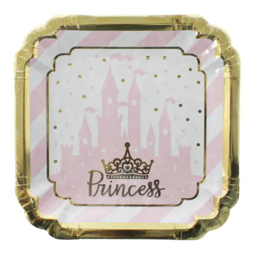 Paquete de 8 platos cuadrados desechables diseño castillo rosa de25x25x1.8cm
