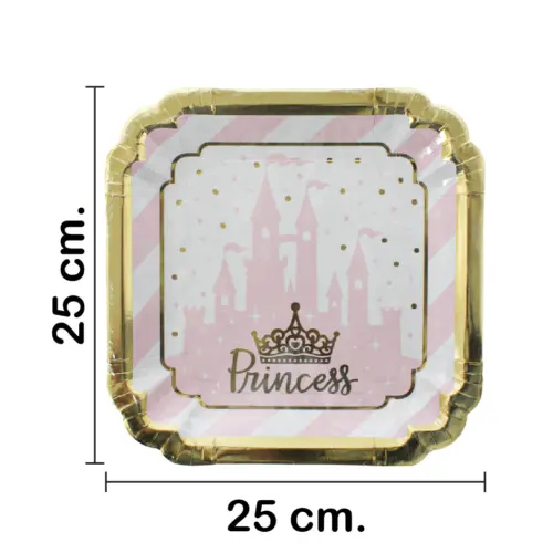 Paquete de 8 platos cuadrados desechables diseño castillo rosa de25x25x1.8cm