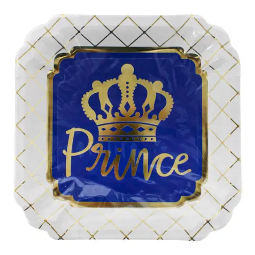 Paquete de 8 platos cuadrados desechables diseño corona dorada de 24.6×24.6×1.5cm