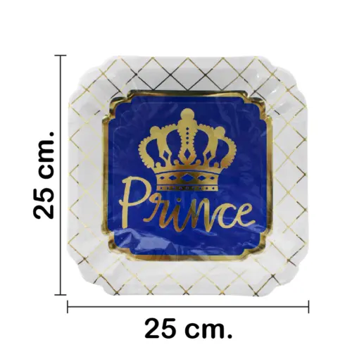 Paquete de 8 platos cuadrados desechables diseño corona dorada de 24.6×24.6×1.5cm