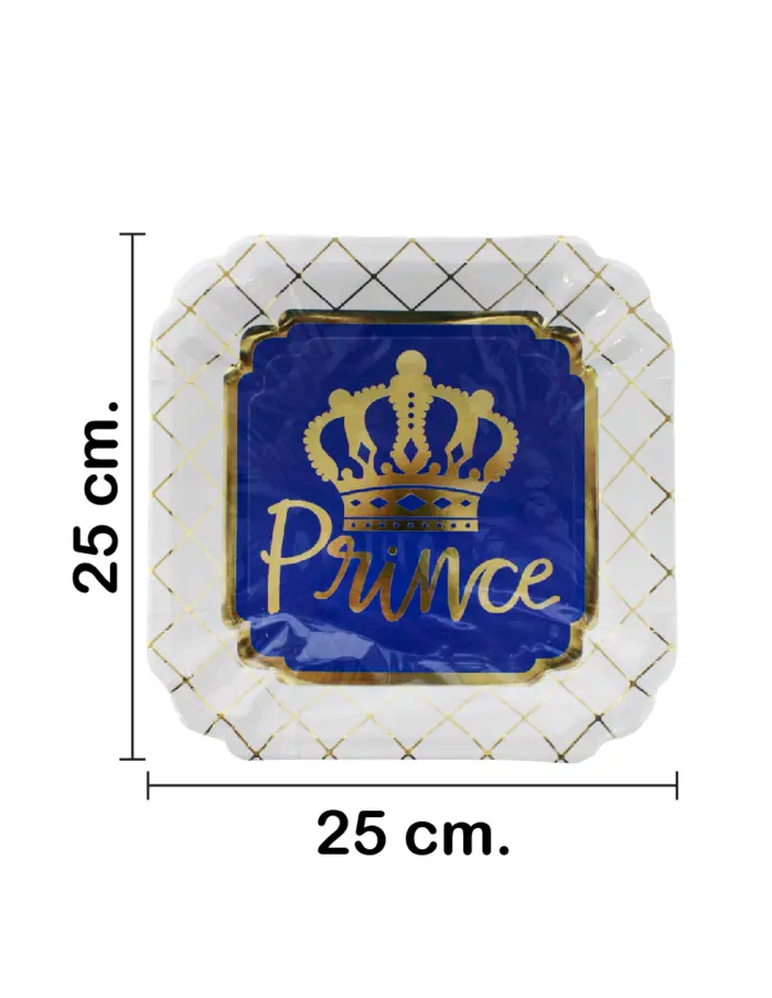 Paquete de 8 platos cuadrados desechables diseño corona dorada de 24.6x24.6x1.5cm - Image 2