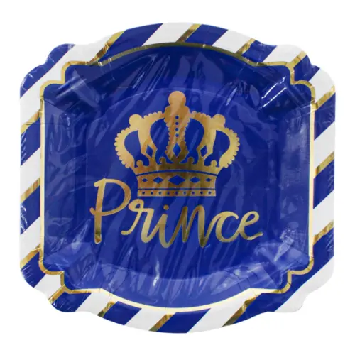 Paquete de 8 platos cuadrados desechables diseño corona dorada de 20.5×20.5×2.5cm