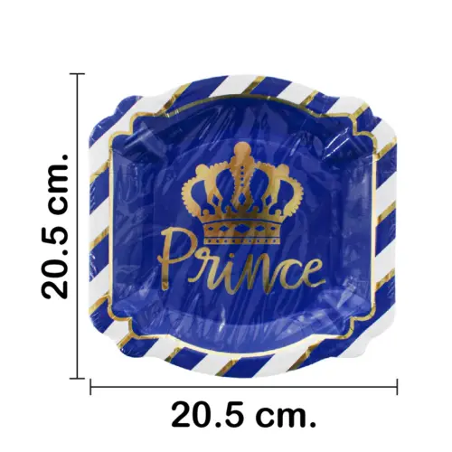 Paquete de 8 platos cuadrados desechables diseño corona dorada de 20.5×20.5×2.5cm