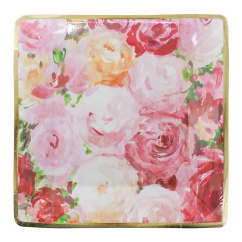 Paquete de 8 platos cuadrados desechables estampado rosas de 26x26x2.5cm