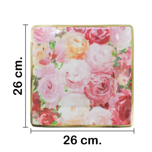 Paquete de 8 platos cuadrados desechables estampado rosas de 26x26x2.5cm