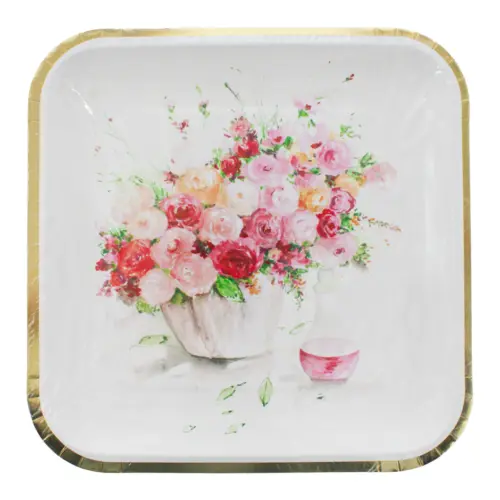 Paquete de 8 platos desechable cuadrados blanco estampado flores de 23.3×23.3×1.3cm