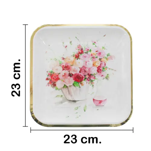 Paquete de 8 platos desechable cuadrados blanco estampado flores de 23.3×23.3×1.3cm