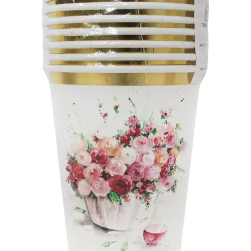 Paquete de 8 vasos desechables blancos estampado rosas de 250ml y 7.5×7.5x13cm