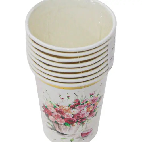 Paquete de 8 vasos desechables blancos estampado rosas de 250ml y 7.5×7.5x13cm