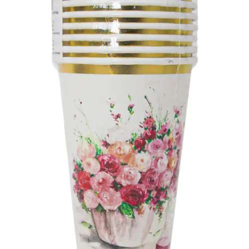 Paquete de 8 vasos desechables blancos estampado rosas de 350ml y 8x8x15.9cm