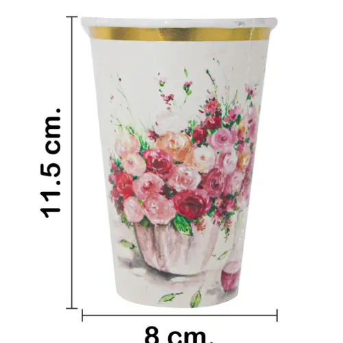 Paquete de 8 vasos desechables blancos estampado rosas de 350ml y 8x8x15.9cm