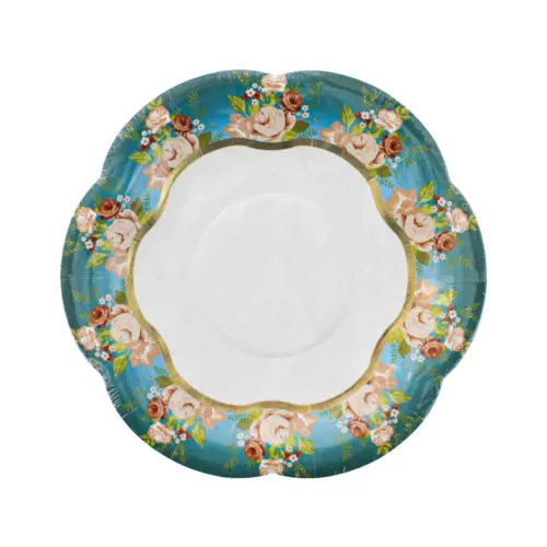 Paquete de 8 platos desechables blancos con orilla azul y flores de 14.5×14.5×1.5cm