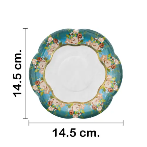 Paquete de 8 platos desechables blancos con orilla azul y flores de 14.5×14.5×1.5cm