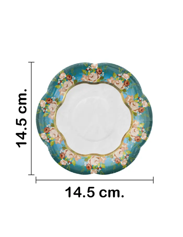 Paquete de 8 platos desechables blancos con orilla azul y flores de 14.5x14.5x1.5cm - Image 2