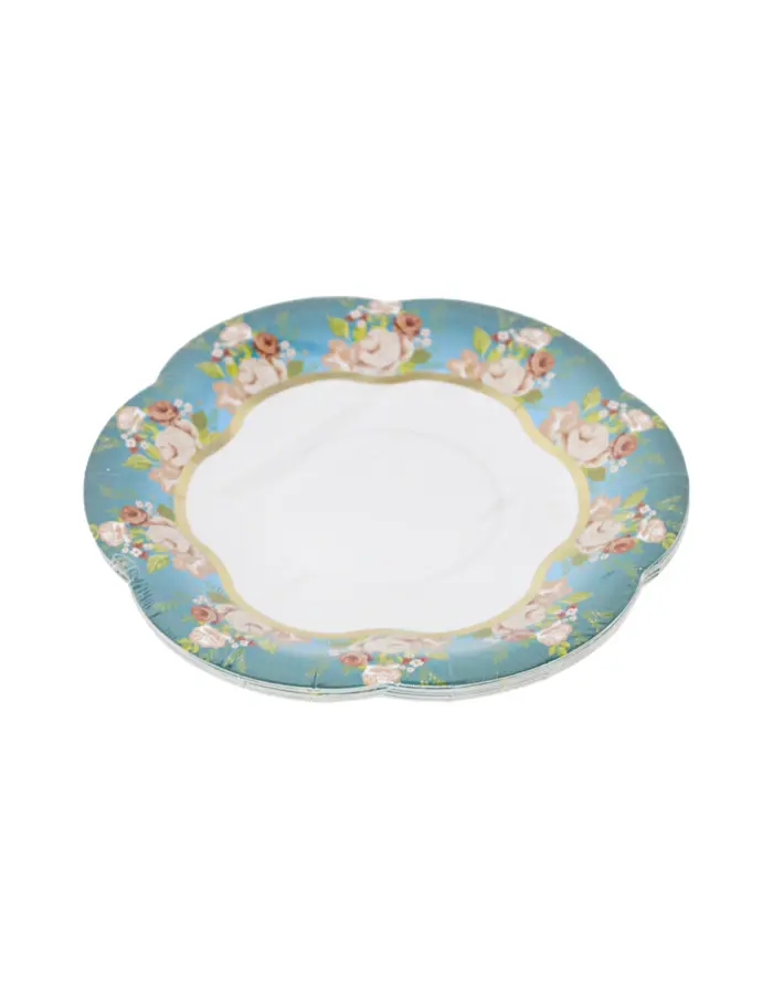 Paquete de 8 platos desechables blancos con orilla azul y flores de 14.5x14.5x1.5cm - Image 3