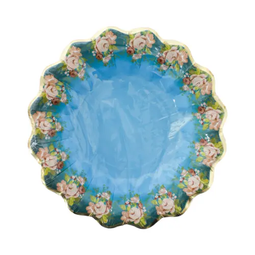 Paquete de 8 platos desechables azules con flores en la orilla de 22.5×22.5×4.8cm