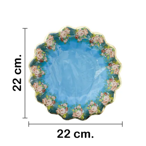 Paquete de 8 platos desechables azules con flores en la orilla de 22.5×22.5×4.8cm