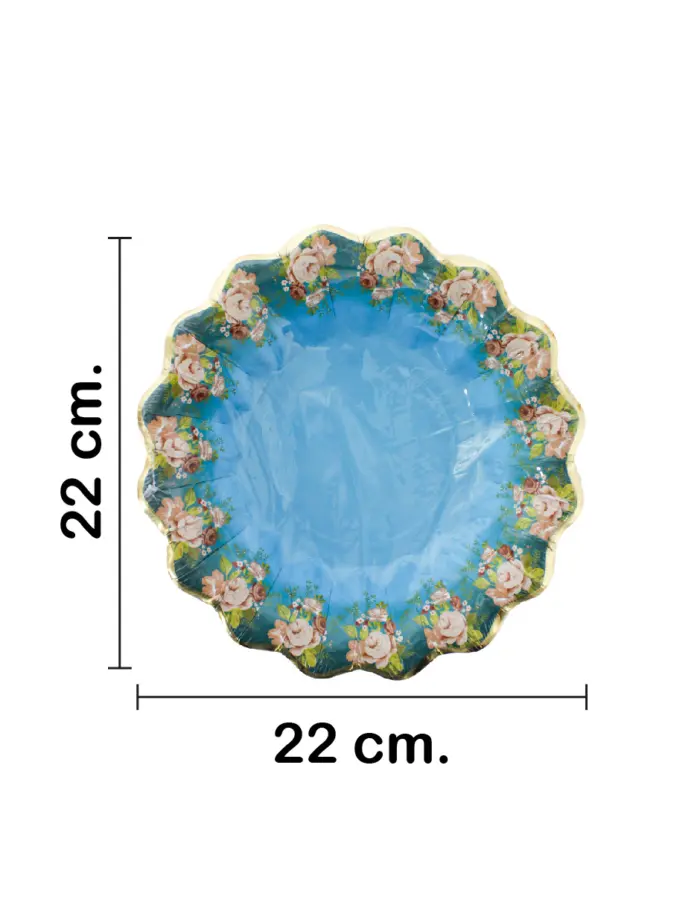 Paquete de 8 platos desechables azules con flores en la orilla de 22.5x22.5x4.8cm - Image 2