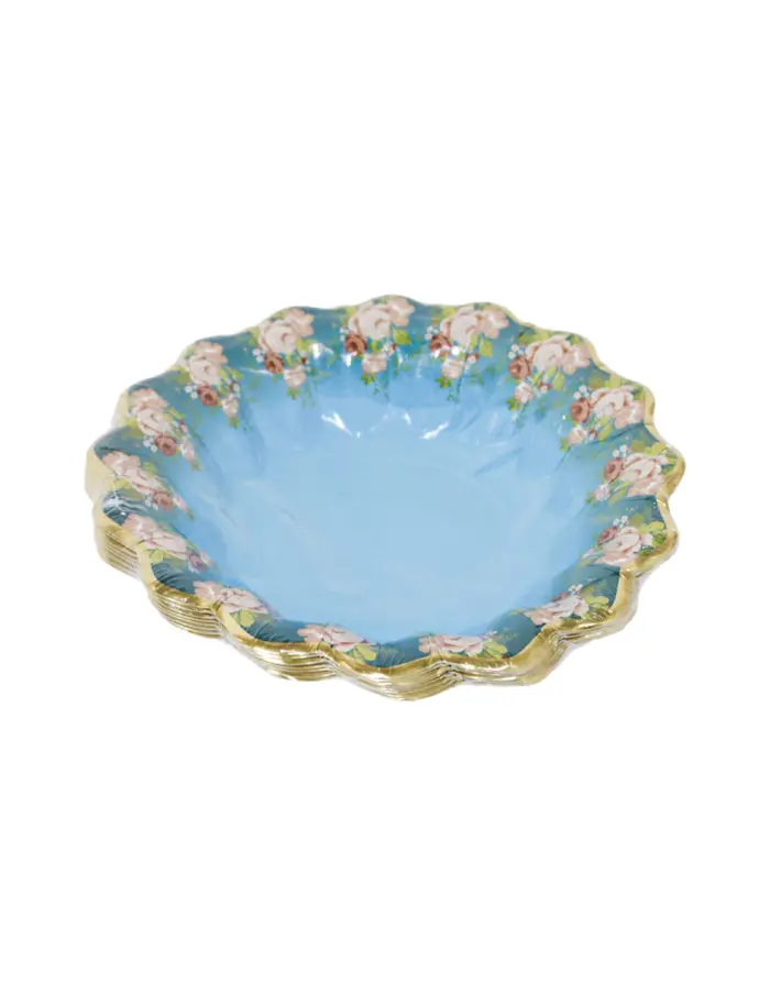 Paquete de 8 platos desechables azules con flores en la orilla de 22.5x22.5x4.8cm - Image 3