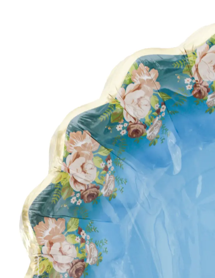 Paquete de 8 platos desechables azules con flores en la orilla de 22.5x22.5x4.8cm - Image 4
