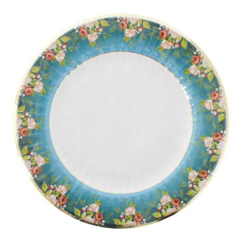 Paquete de 8 platos azules con blanco y flores en la orilla de 27x27x2cm