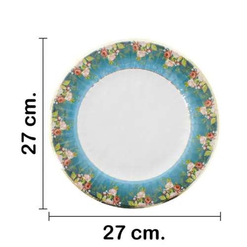 Paquete de 8 platos azules con blanco y flores en la orilla de 27x27x2cm