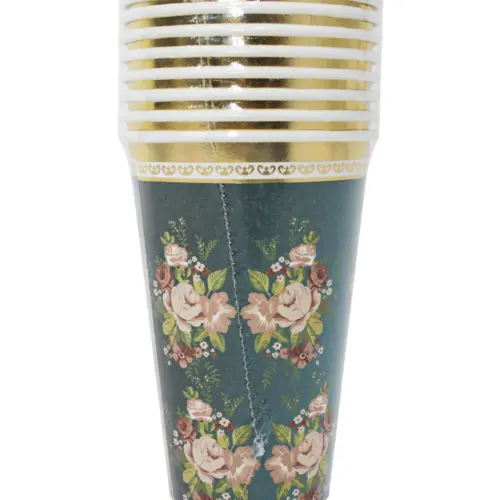 Paquete de 8 vasos desechables azul con la orilla dorada y flores de 350ml y 8x8x15.5cm