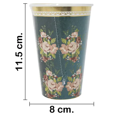 Paquete de 8 vasos desechables azul con la orilla dorada y flores de 350ml y 8x8x15.5cm