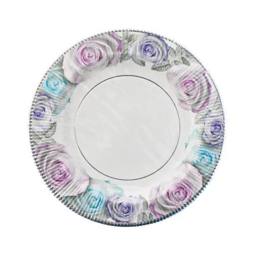 Paquete de 8 platos desechables blanco estampado flores rosas y moradas de 20x20x2cm