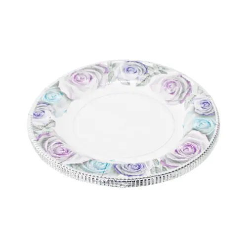 Paquete de 8 platos desechables blanco estampado flores rosas y moradas de 20x20x2cm