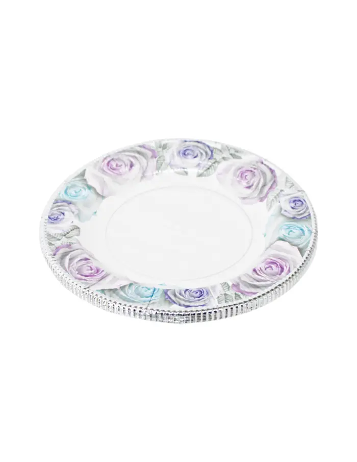 Paquete de 8 platos desechables blanco estampado flores rosas y moradas de 20x20x2cm - Image 2