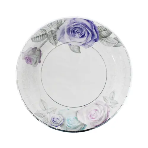 Paquete de 8 platos desechables blanco estampado flores moradas de 22.5×22.5×2.5cm