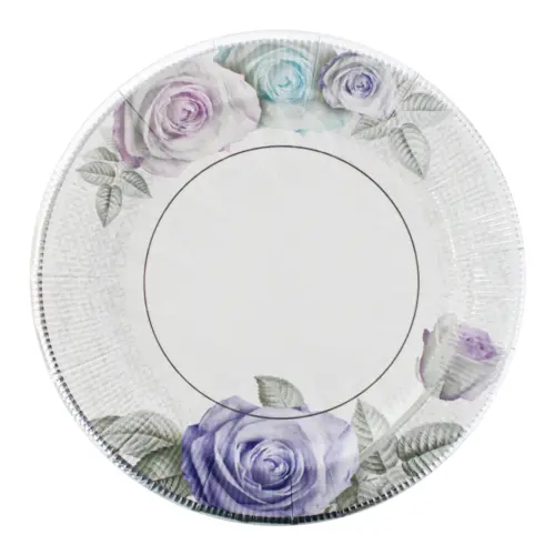 Paquete de 8 platos desechables blanco estampado flores moradas de 26.5×26.5×1.7cm