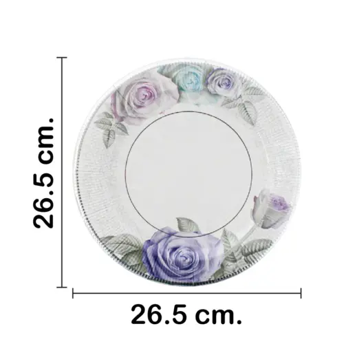 Paquete de 8 platos desechables blanco estampado flores moradas de 26.5×26.5×1.7cm
