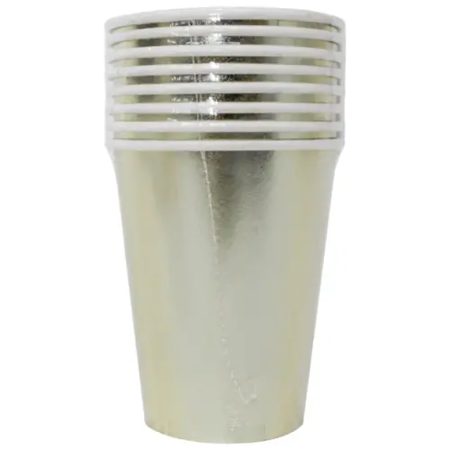 Paquete de 8 vasos desechables dorados de 250ml y 7.5×7.5x13cm