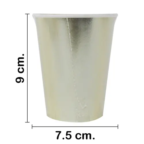 Paquete de 8 vasos desechables dorados de 250ml y 7.5×7.5x13cm