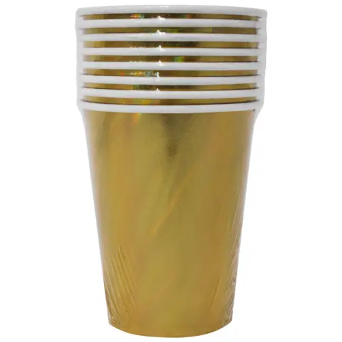 Paquete de 8 vasos desechables dorado brillante de 250ml y 7.5×7.5x13cm