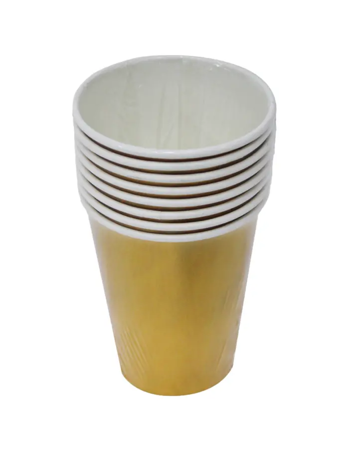 Paquete de 8 vasos desechables dorado brillante de 250ml y 7.5x7.5x13cm - Image 3