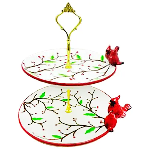 Dulcero de ceramica de 2 niveles con cardenales de 27x24x26cm
