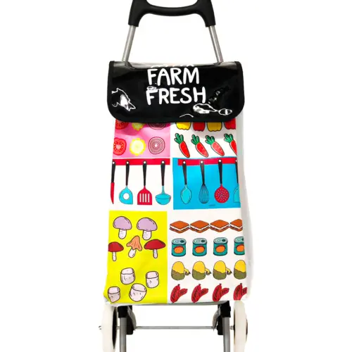 Carro para mandado con bolsa estampado utensilios y frutas de 35x28x95cm