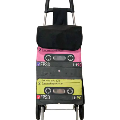 Carro para mandado con bolsa negro diseño casette morado y amarillo de 35x28x95cm