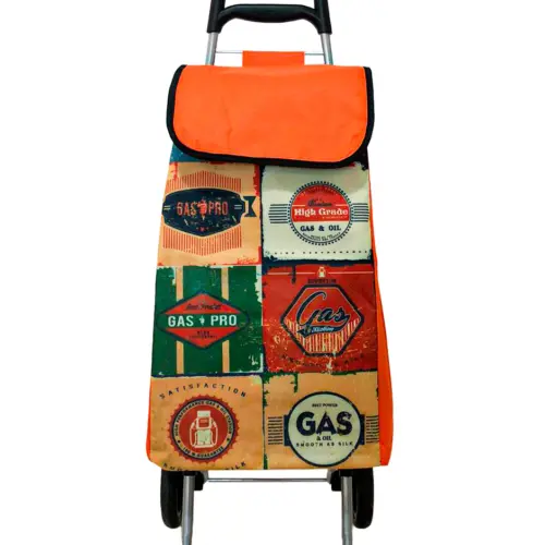 Carro para mandado con bolsa naranja y anuncios de gasolina de 35x28x95cm