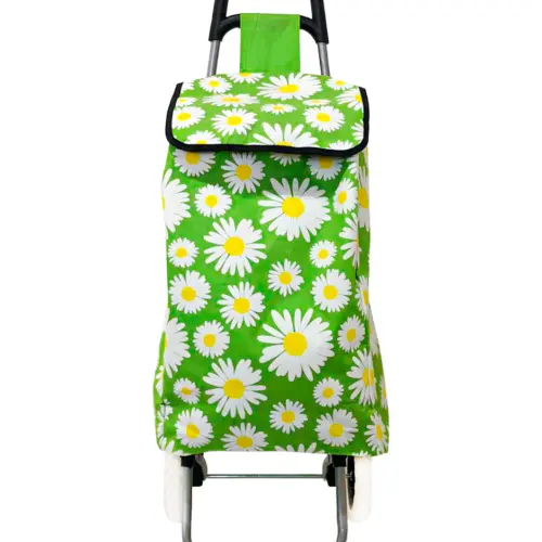 Carro para mandado con bolsa verde diseño margaritas de 35x28x95cm