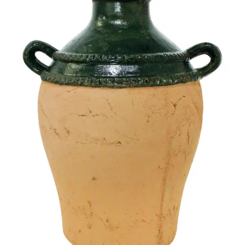 Jarrón de terracota con agarraderas verde de 26x22x32.5cm